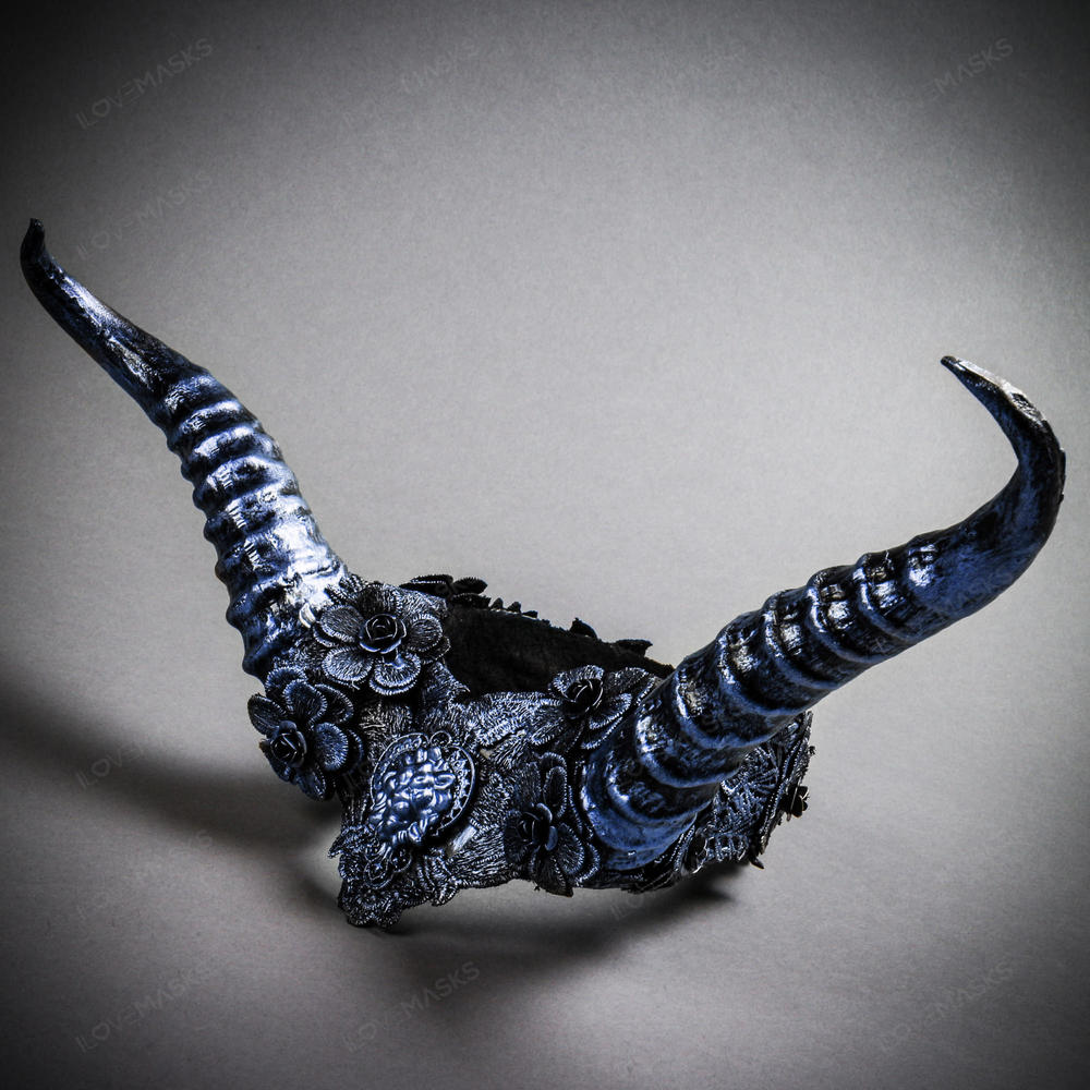 Gothic Demon Long Horn with Lace Head Piece - Black Blue - Picture 3 of 5